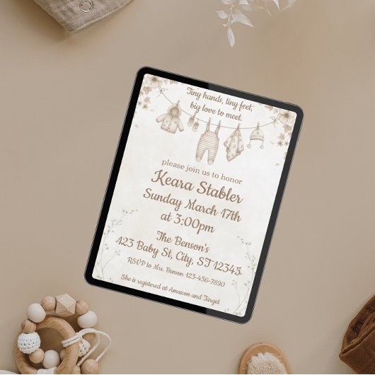 Neutral Baby Shower Tiny Hands, Tiny Feet 招待状