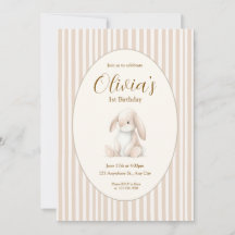 Neutral Baby's First Birthday Bunny Invitation
