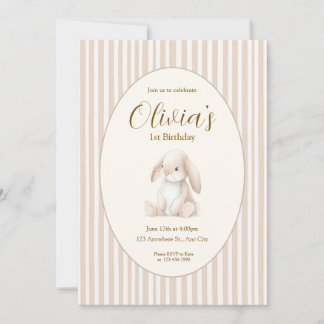 Neutral Baby's First Birthday Bunny Invitation 招待状