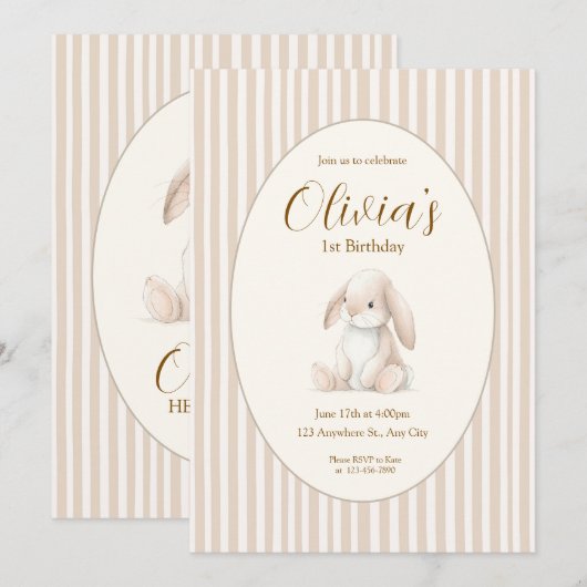 Neutral Baby's First Birthday Bunny Invitation 招待状 (正面/裏面)