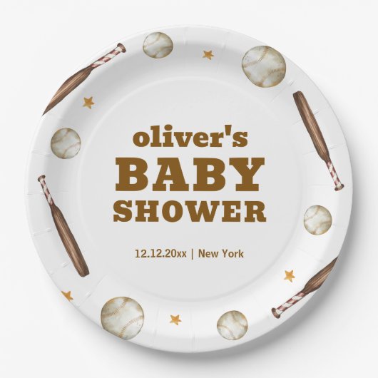 Neutral Batter Up Baseball Sport Boy Baby Shower  ペーパープレート (正面)