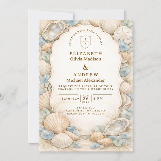 Neutral Beach Wreath Wedding 招待状 (正面)