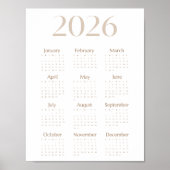 Neutral Beige 2026 Calendar Minimalist One-Page ポスター (正面)