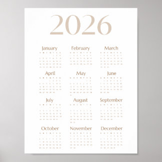 Neutral Beige 2026 Calendar Minimalist One-Page ポスター