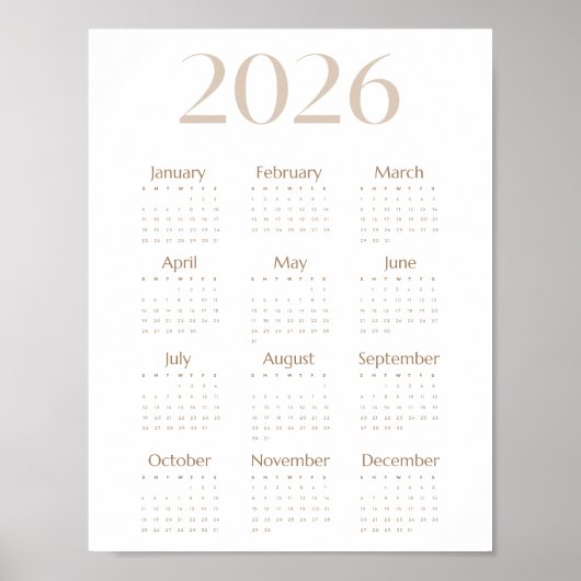 Neutral Beige 2026 Calendar Minimalist One-Page ポスター (正面)