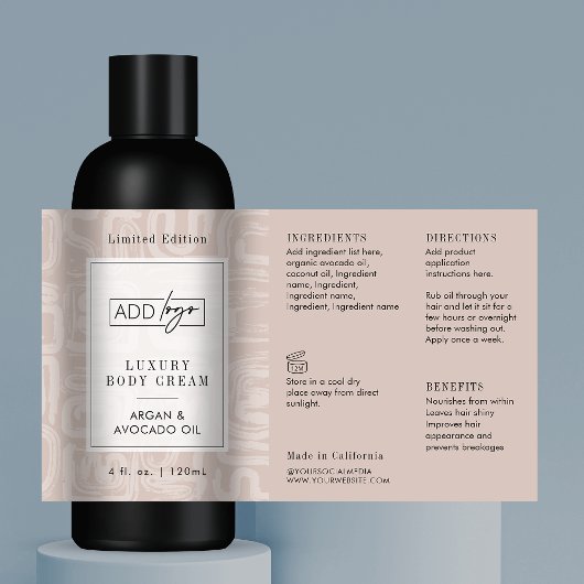 Neutral Beige Bohemian Logo 4OZ Cosmetic Bottle 長方形シール