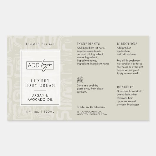 Neutral Beige Boho Pattern Logo 4OZ Cosmo Bottle 長方形シール (正面)