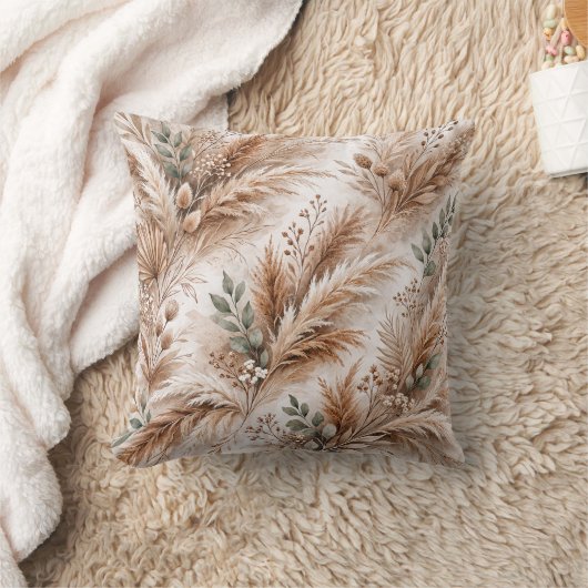 Neutral Beige Pampas Grass Boho Botanical クッション (ブランケット)
