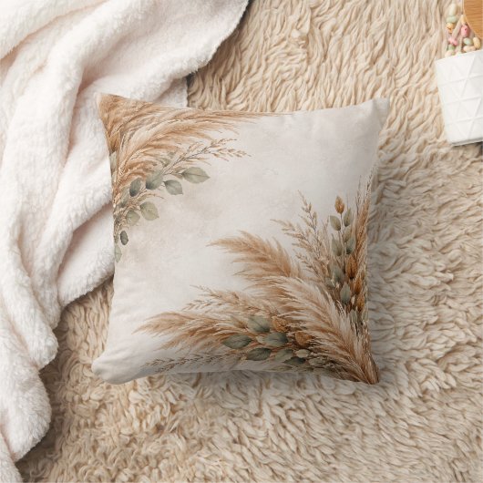 Neutral Beige Pampas Sage Botanical Frame クッション (ブランケット)