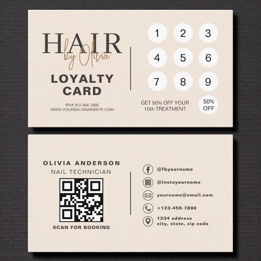 Neutral Beige QR Code Hair Salon Loyalty Card ロイヤリティカード
