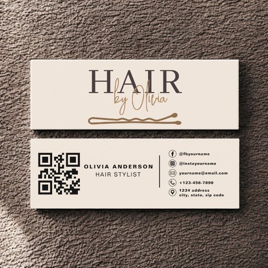 Neutral Beige QR Code Hair Stylist Modern スキニー名刺
