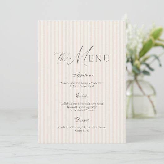 Neutral Beige Stripe Wedding Menu 招待状 (スタンド正面)