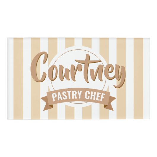 Neutral Beige Stripes Cake Baker Pastry Chef 名札 (正面)
