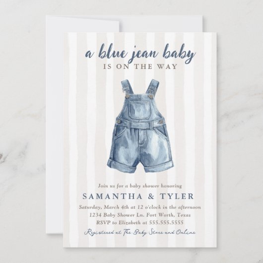 Neutral Blue Jean Baby On The Way Baby Shower Invi 招待状 (正面)