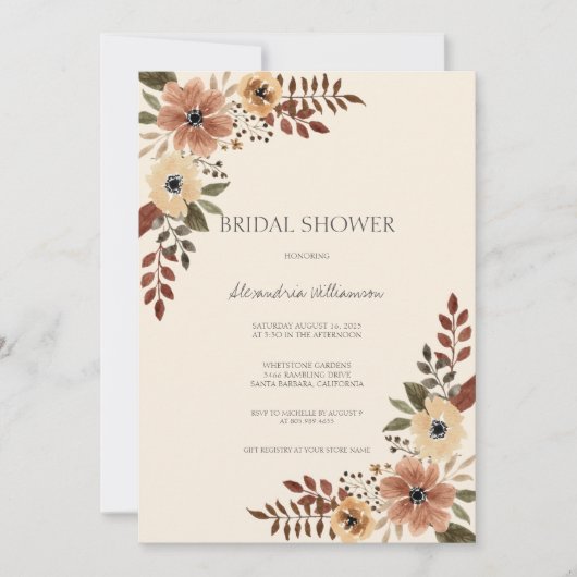Neutral Bohemian Floral Bridal Shower  招待状 (正面)