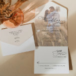 Neutral Boho モダン Photo結婚's オールインワン招待状<br><div class="desc">このオールイエレガントンワン結婚式招待状は、シックなセリフとサンフォントを黒で組み合わせた抜本的な書道文字を備えモダン、前面にフォトオーバーレイ、背面にカスタマイズ可能なモノグラムを備えている。一致する項目が使用可能。</div>
