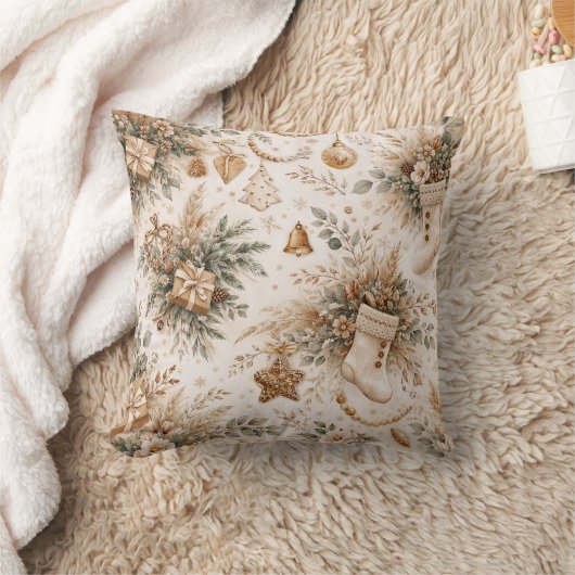 Neutral Boho Christmas Stocking Floral Pattern クッション (ブランケット)