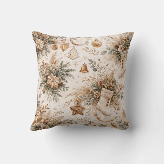 Neutral Boho Christmas Stocking Floral Pattern クッション (裏面)