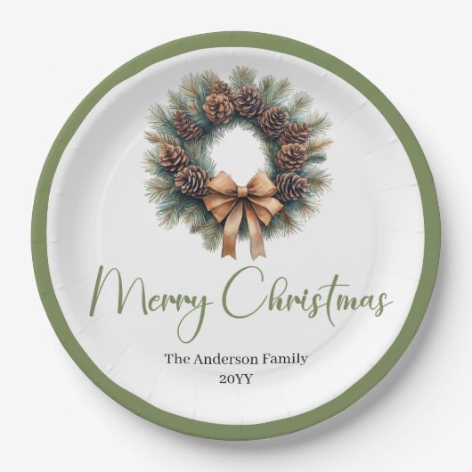 Neutral Boho Christmas Tree with Pine Accents ペーパープレート (正面)