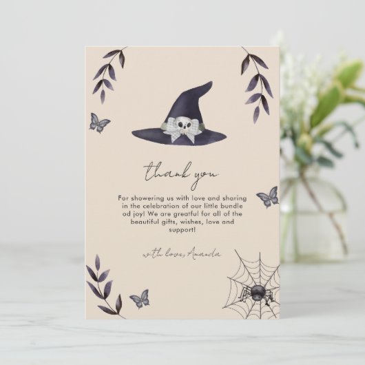 Neutral Boho Little Boo Witch Hat Baby Shower サンキューカード (スタンド正面)