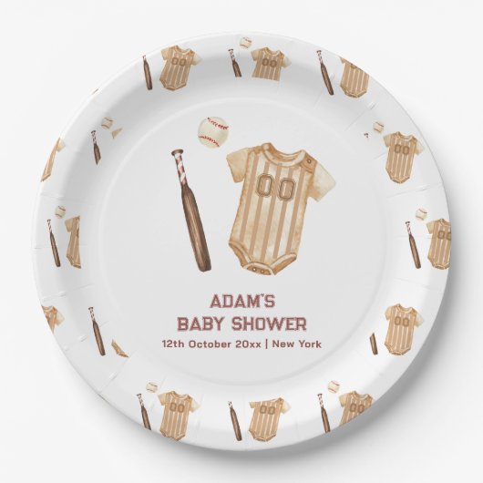 Neutral Boho Little Slugger Baseball Baby Shower  ペーパープレート (正面)