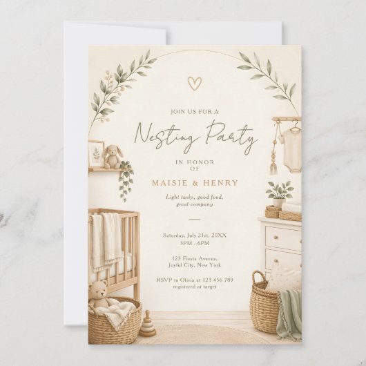 Neutral Boho Nesting Party Baby Shower 招待状 (正面)