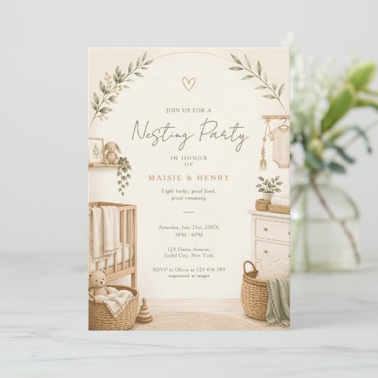 Neutral Boho Nesting Party Baby Shower 招待状 (スタンド正面)