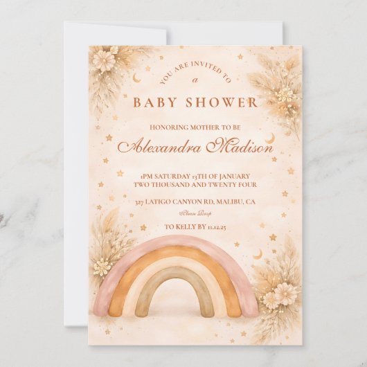 Neutral Boho Rainbow Baby Shower 招待状 (正面)