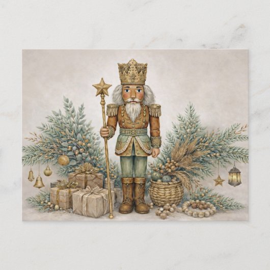 Neutral Boho Watercolor Christmas Nutcracker King シーズンポストカード (正面)