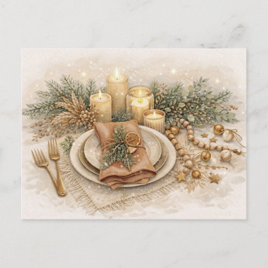 Neutral Boho Watercolor Christmas Table Setting シーズンポストカード (正面)