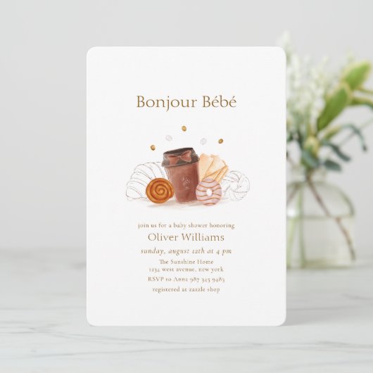 Neutral Bonjour Bébé Coffee Brunch Baby shower 招待状 (スタンド正面)