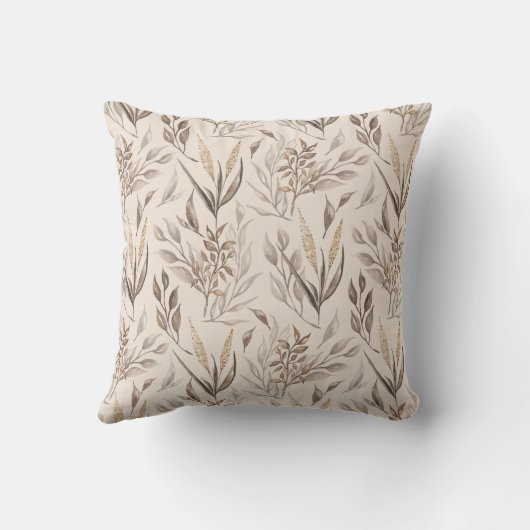 Neutral Botanical Leaves Pattern in Warm Beige クッション (裏面)