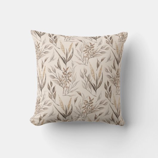 Neutral Botanical Leaves Pattern in Warm Beige クッション (正面)
