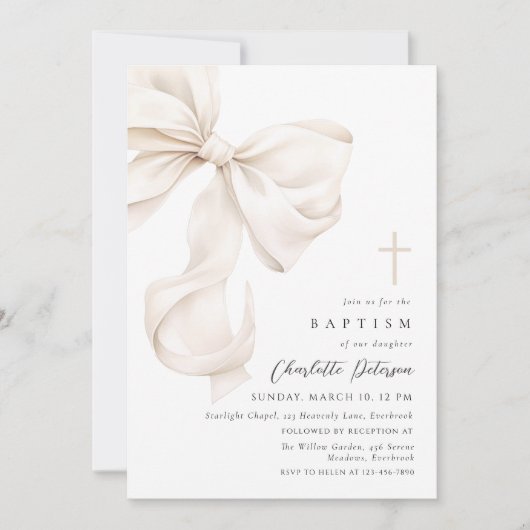 Neutral Bow Bow Baptism Invitation 招待状 (正面)