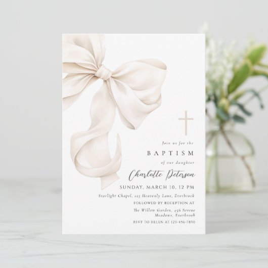 Neutral Bow Bow Baptism Invitation 招待状 (スタンド正面)