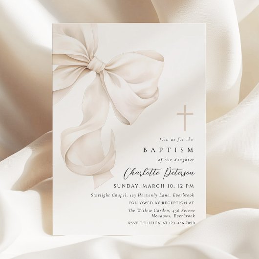 Neutral Bow Bow Baptism Invitation 招待状
