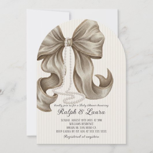 Neutral Bow Pearl Girl Baby Shower 招待状 (正面)