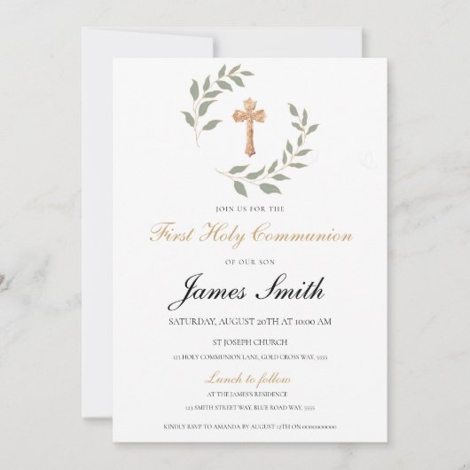 Neutral Boy Girl First Communion Invitation Editab 招待状 (正面)