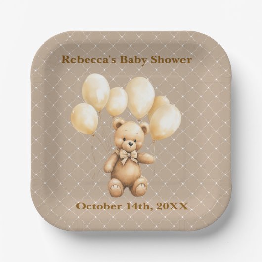 Neutral Brown Teddy Bear Baby Shower Paper Plate ペーパープレート (正面)