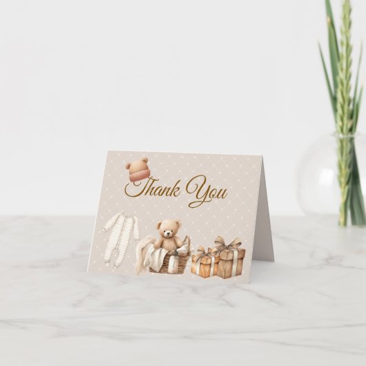 Neutral Brown Teddy Bear Baby Shower Thank You ノートカード (正面)