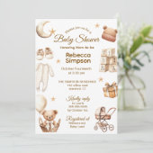 Neutral Brown Teddy Bear Clothes,Gifts-Baby Shower 招待状 (スタンド正面)
