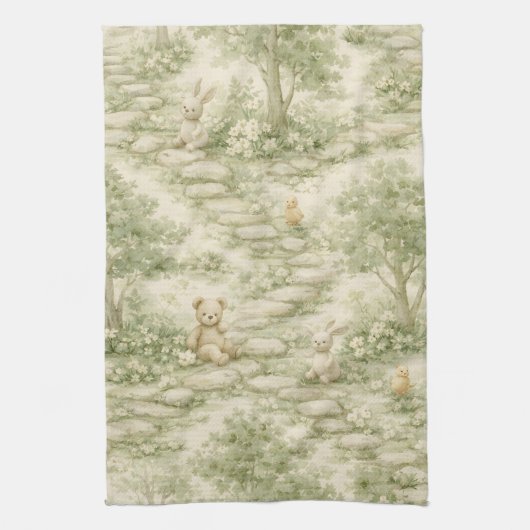 Neutral Bunny Bear Picnic Floral Garden (1) キッチンタオル (縦)