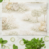 Neutral Bunny Bear Picnic Floral Garden (2) キッチンタオル (折り畳み)