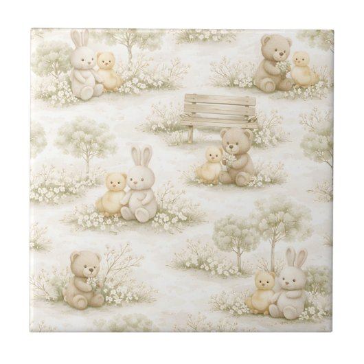 Neutral Bunny Bear Picnic Floral Garden (2) タイル (正面)