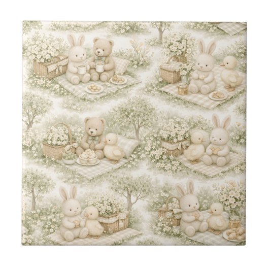 Neutral Bunny Bear Picnic Floral Garden (3) タイル (正面)
