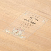 Neutral Bunny & Floral Teapot Baby Shower  アクリル招待状 (レイダウン)