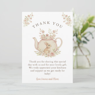 Neutral Bunny & Floral Teapot Baby Shower  サンキューカード