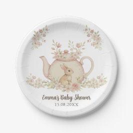 Neutral Bunny & Floral Teapot Baby Shower ペーパープレート