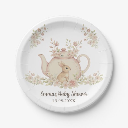 Neutral Bunny & Floral Teapot Baby Shower  ペーパープレート (正面)