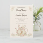 Neutral Bunny & Floral Teapot Baby Shower 招待状 (スタンド正面)